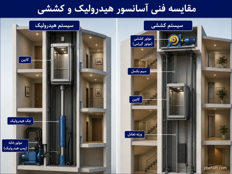 مقایسه مکانیزم آسانسور هیدرولیک و کششی تصویر مقایسه مکانیزم حرکتی و جک هیدرولیک با سیستم سیم بکسل و وزنه تعادل کششی